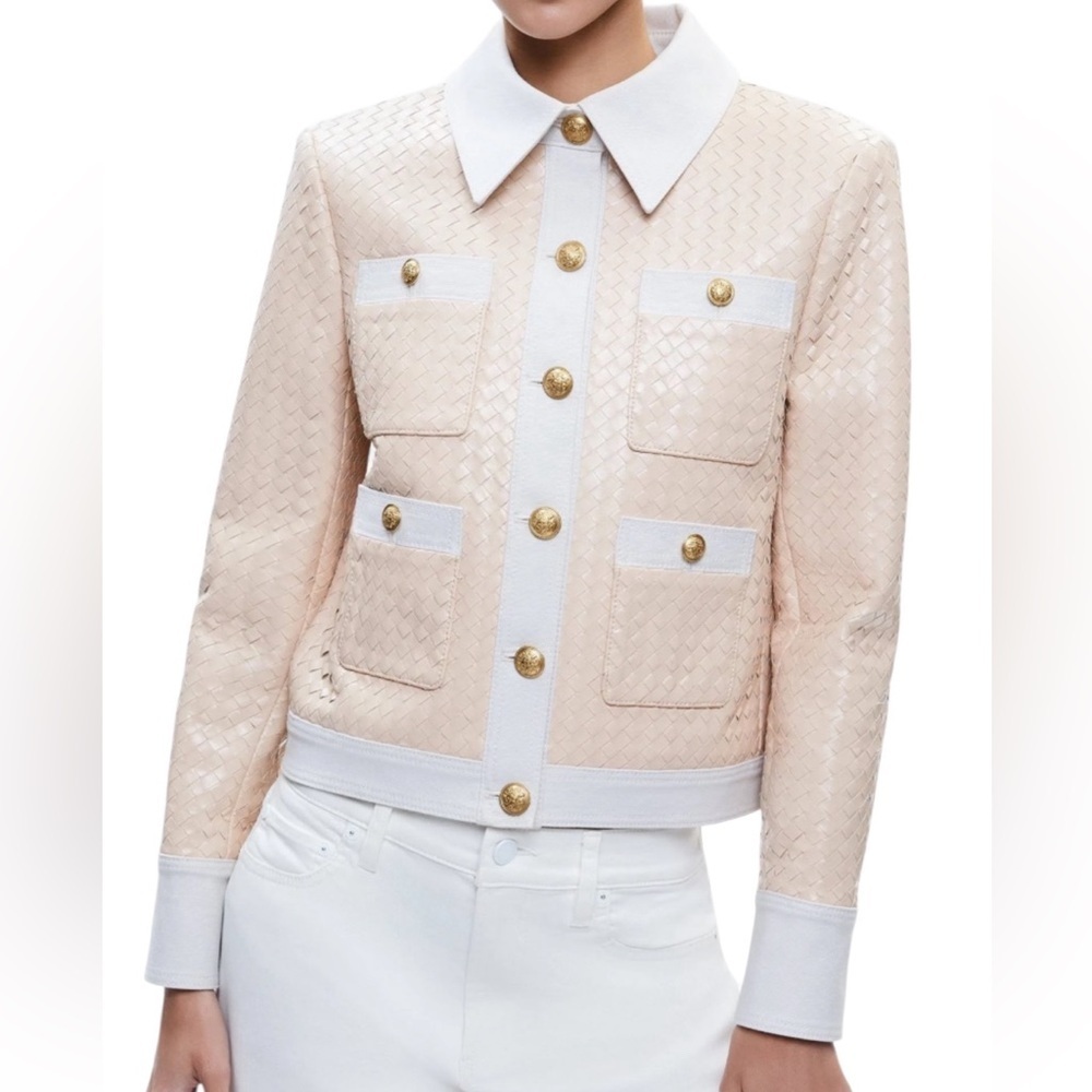 Alice + Olivia Kinley Woven Vrgan Leather Elegant Cream Jacket with Gold Accent.